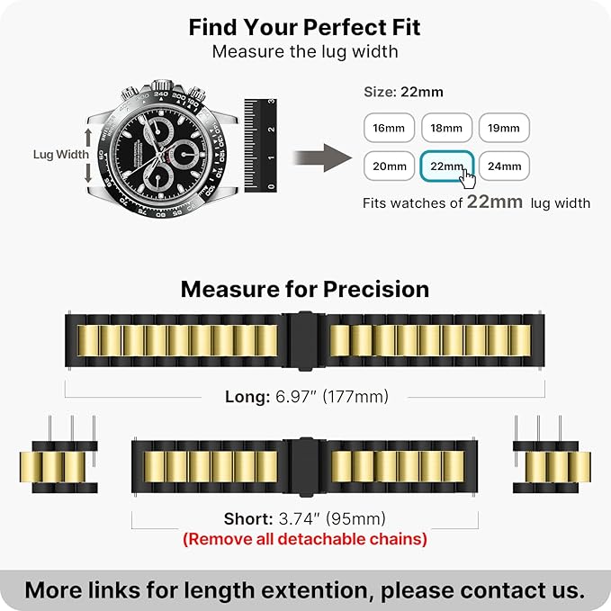 Fullmosa 22mm Stainless Steel Watch Band, Quick Release Metal Replacement Strap with Removable Links, Includes Spring Bars & Link Removal Tool for Men Women (Black+Golden)