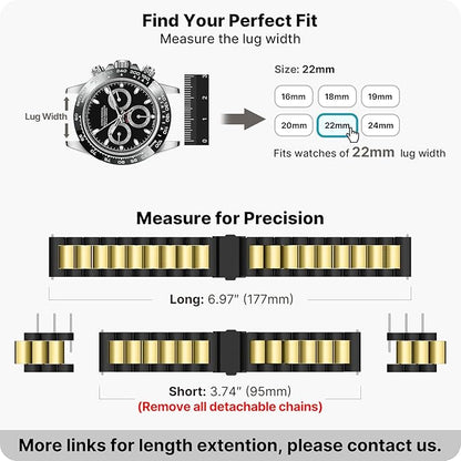 Fullmosa 22mm Stainless Steel Watch Band, Quick Release Metal Replacement Strap with Removable Links, Includes Spring Bars & Link Removal Tool for Men Women (Black+Golden)