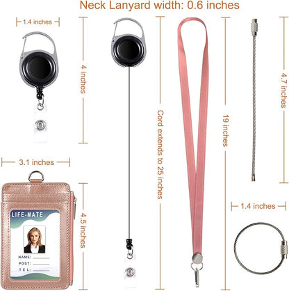 Badge Holder with Zipper, Life-Mate PU Leather ID Badge Card Holder Wallet Case with 5 Card Slots Zipper Pocket 19" Polyester Neck Lanyard Heavy Duty Metal Retractable Badge Reel (Rose Gold)