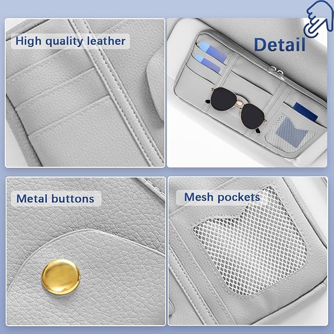 Car Sun Visor Organizer, Multi-Pocket Leather Vehicle Visor Storage Pouch & Sunglasses Holder, Auto Interior Document Card Holder with Double Zipper, Universal for Truck SUV Sedan (Navy Blue)