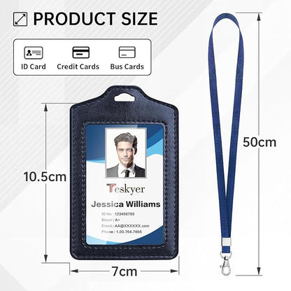 Teskyer 2 Pack Double Sided Clear Badge Holder with Lanyard, PU Leather ID Badge Name Card Holder with Stainless Steel J-Hook Nylon Lanyard for Work, School, Metro, Access, Blue