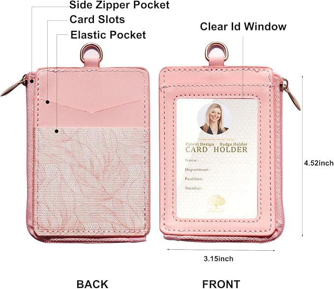 2-in-1 ID Badge Holder & Elastic Card Holder Wallet,Minimalist Men & Women Zip Card Holder Wallet with Neck Lanyard,3 Card Slots and 1 Side Zipper Pocket (Pink-B2)