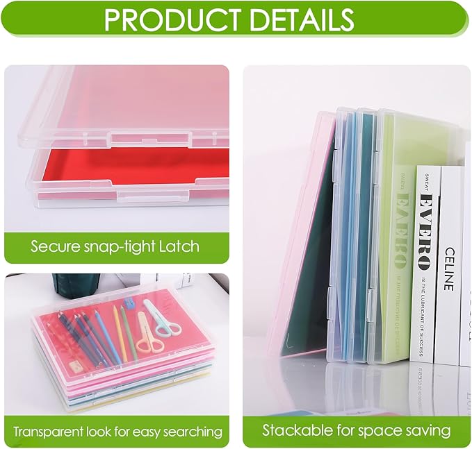 4 Pack Photo Storage Box, Scrapbook Paper Storage Fits 8.5" x 11.5" A4 Letter, Stackable Plastic Paper Storage with Snap for Protecting Scrapbooks, Photos, Game Card, Office Supplies, Files