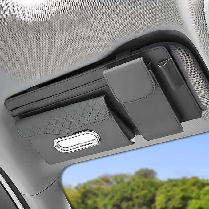 ZIMISI Leather Car Visor Organizer, Sun Visor Storage Bag, Car Tissue Holder, Multi-Pocket Document Holder, Vehicle Travel Accessories for Pen, License, Cards, Sunglasses, Tissues (Grey)