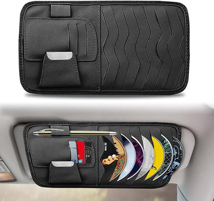 Car Sun Visor Organizer, Car CD Case Holder, Universal Car Eyeglasses Holder Clip with Storage Pockets, for Storing Sunglasses Card Pen Invoice, Black