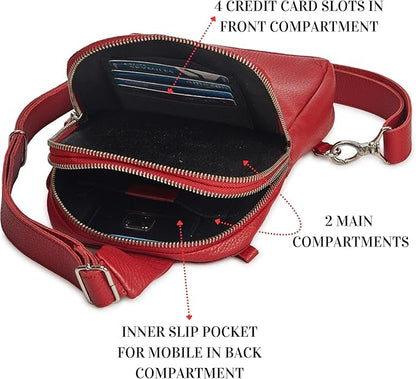 Leather Sling Bag for Women Genuine Crossbody Purse Small Trendy Cross Over Chest with Phone and Credit Card Slots (Red Nappa)