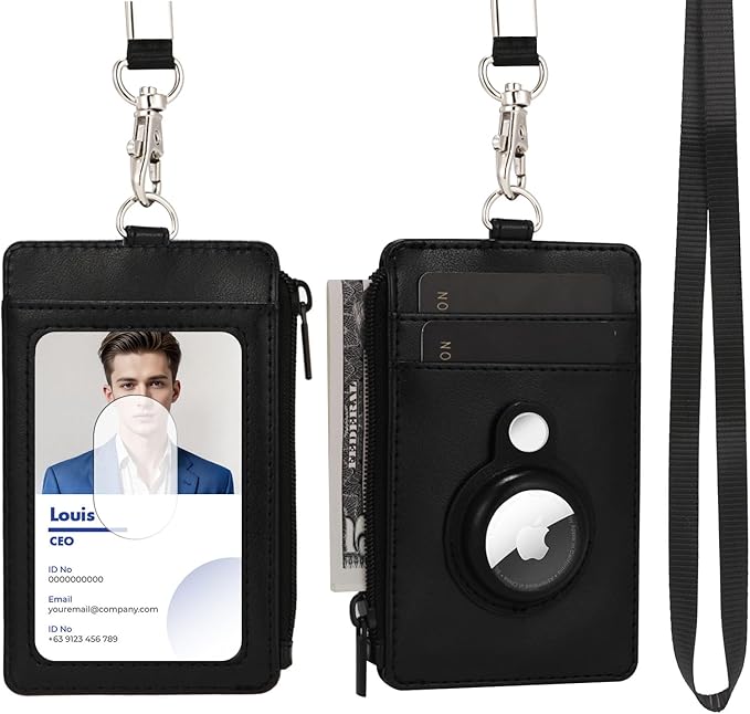 2-in-1 Airtag Badge Holder & Slim Minimalist Front Pocket Wallet, PU Leather ID Badge Card Holder with Zipper Pocket & 1 Clear ID Window & 2 Credit Card Slot & 1 Lanyard