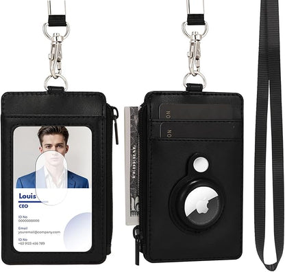 2-in-1 Airtag Badge Holder & Slim Minimalist Front Pocket Wallet, PU Leather ID Badge Card Holder with Zipper Pocket & 1 Clear ID Window & 2 Credit Card Slot & 1 Lanyard
