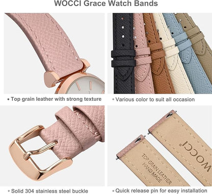 WOCCI 14mm Grace Watch Band for Ladies, Top Grain Leather, Quick Release Replacement Strap with Rose Gold Buckle (Retro Pink)