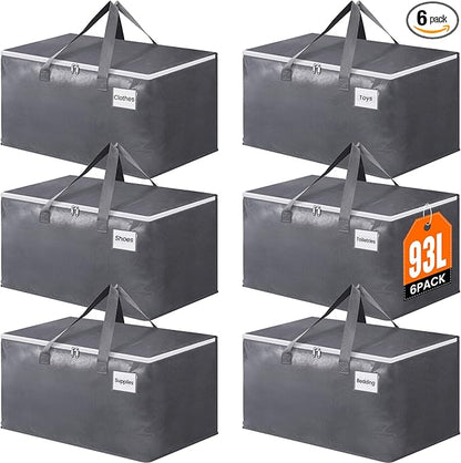BlissTotes Large Moving Bags, Storage Bags with Zippers, Handles Moving Supplies with lids, Heavy Duty Totes for Storage Bags for Space Saving, Moving and Storing 93L, 6 Pack