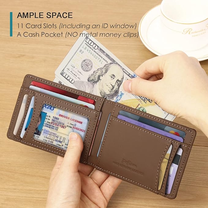 Pefiam Full Grain Leather Bifold Wallet for Men - 11 Slots, RFID Blocking, Gifts for Men - Cowboy Red