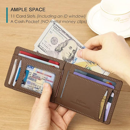 Pefiam Full Grain Leather Bifold Wallet for Men - 11 Slots, RFID Blocking, Gifts for Men - Cowboy Red