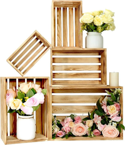 Wooden Crates for Display Large Rustic Nesting Wooden Basket with Handle, Farmhouse Wood Crate for Storage and Container, 5 Size Multipurpose Wood Basket for Fruits Vegetables Boxes XXL