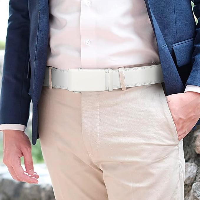 SENDEFN Men's Leather Belt Automatic Ratchet Buckle Slide Belt for Dress Casual Trim to Fit with Gift Box