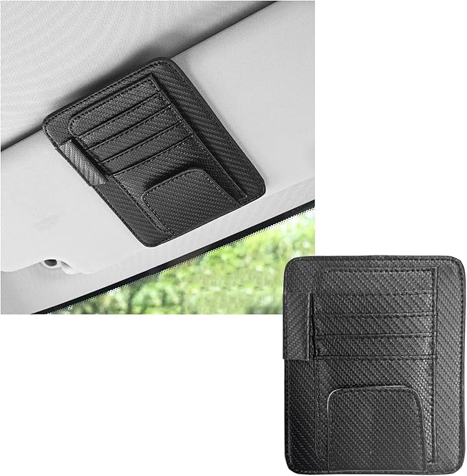 Dickno Small Leather Car Sun Visor Organizer, Multifunctional Auto Visor Document Holder with Sunglasses Clip, Universal Car Interior Organizer for Driving License, Card, Pen (Carbon Fiber Black)