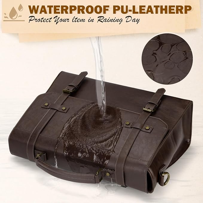 RAINSMORE Mens Messenger Bag 18 Inch Waterproof Vintage Leather Laptop Briefcase Large Laptop Bag Satchel Bag Computer Shoulder Bag for Office Business Travel College,Coffee