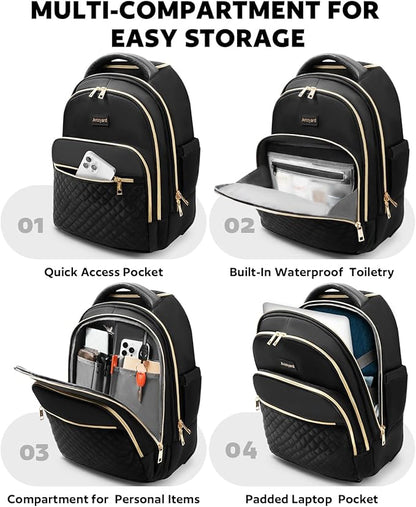 Arcoyard Rolling Backpack for Women, 17 inch Travel Laptop Wheeled Backpack with Anti Theft Zippers for Adults, Large Water Resistant Carryon Luggage Roller Bag Flight Approved for Work College, Black