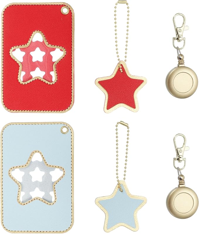 PATIKIL Retractable Badge Holders, 2 Pcs Cute Leather ID Holder with Badge Reels Keychain ID Card Clip Protector Cover for Women Work Office Business Trip, Light Blue/Red