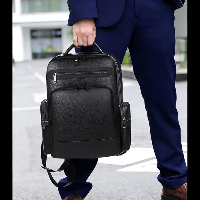 Genuine Leather Backpack for Men Business Black 15.6” Laptop with USB Charging Port Office Executive Mochila for Work Travel