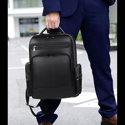 Genuine Leather Backpack for Men Business Black 15.6” Laptop with USB Charging Port Office Executive Mochila for Work Travel