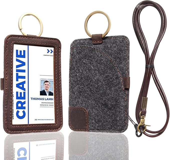 Genuine Badge Holder with Leather Lanyard, Soft Leather ID Card Holder with a Detachable Metal Clip, Clear Window, 2 Card Slots for Office & School IDs, Work Name Cards (Deep-Coffe 03)