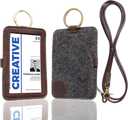 Genuine Badge Holder with Leather Lanyard, Soft Leather ID Card Holder with a Detachable Metal Clip, Clear Window, 2 Card Slots for Office & School IDs, Work Name Cards (Deep-Coffe 03)