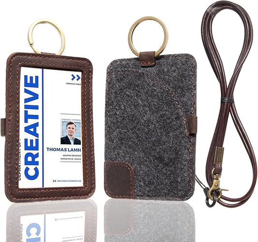 Genuine Badge Holder with Leather Lanyard, Soft Leather ID Card Holder with a Detachable Metal Clip, Clear Window, 2 Card Slots for Office & School IDs, Work Name Cards (Deep-Coffe 03)