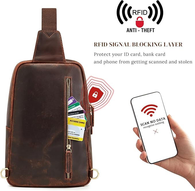 S-ZONE Sling Bag for Men Women RFID Blocking Genuine Leather Crossbody Shoulder Bag Backpack Hiking Daypack Travel | RFID Blocking, Genuine Leather, Hiking Daypack, Travel