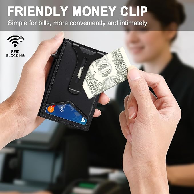 Wallet for Men, RFID Wallet with Money Clip & ID Window, Minimalist Pop Up Credit Card Case Holder 10-12 Cards, Bifold Slim Smart Wallet for Front Pocket, Compact Metal Wallets, Gifts for Men, Black