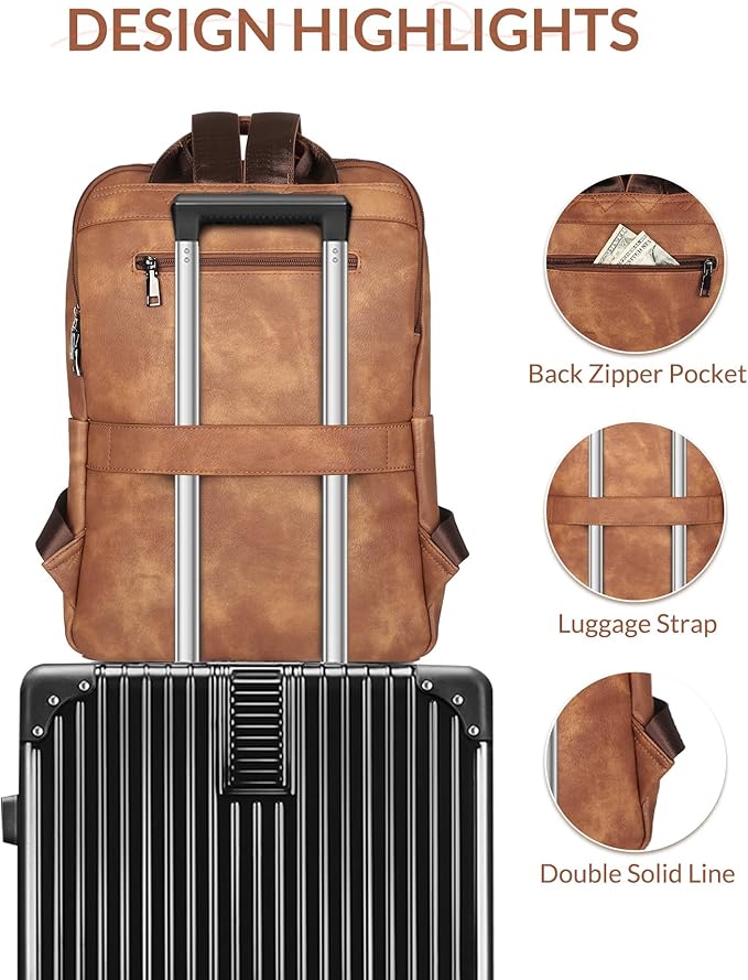 SYTRAH Leather Backpack for Women, Vintage 15.6 inch Laptop Backpack Purse for Women, College Casual Backpacks Ladies Computer Bags for Travel Business Work Mocha Brown