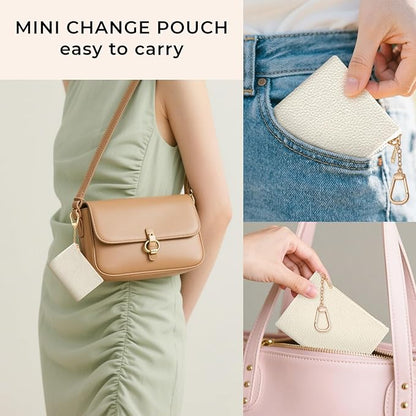 Beige White Keychain Coin Purse for Women, Small PU Leather Change Pouch, Zipper Little Tiny Travel Wallet for Girls, Cute Kawaii Zip Pocket Coin Holder with Key Ring