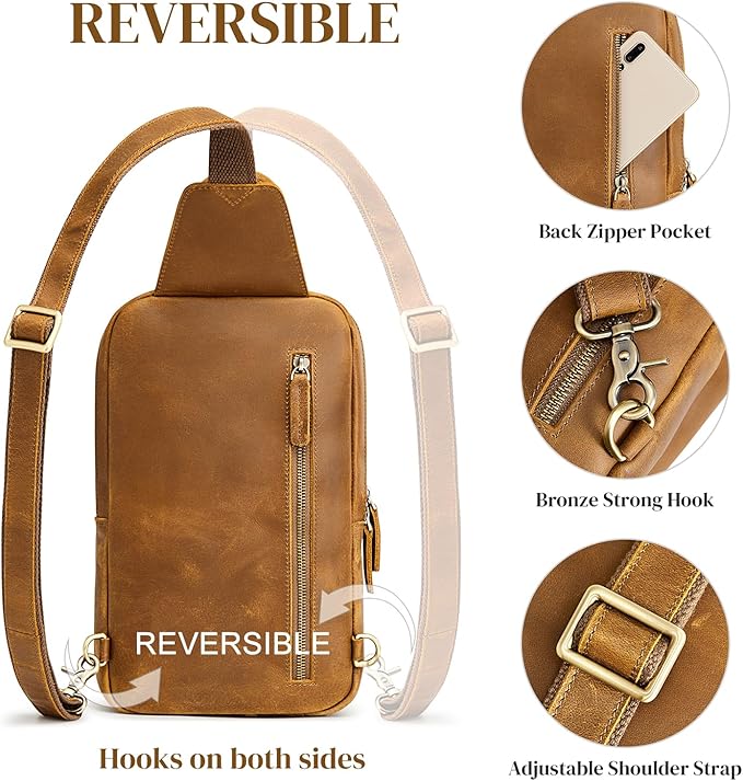 S-ZONE Sling Bag for Women Men Genuine Leather Vintage Crossbody Chest Bags Backpack Daypack Outdoor Travel