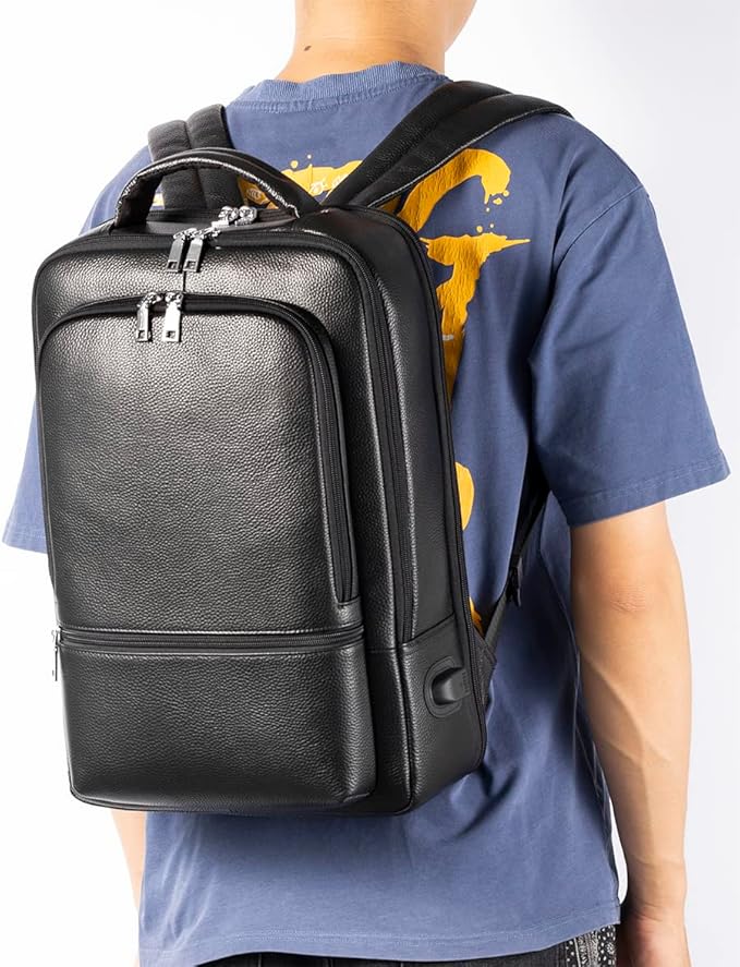 15.6 Inch Genuine Leather Laptop Backpack for Men Women, Business Travel Backpack Hiking Rucksack Daypack (4#Black)