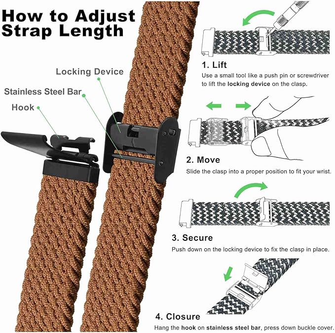 WOCCI 18mm Braided Nylon Watch Band for Men and Women, Quick Release, Black Stainless Steel Buckle (Brown)