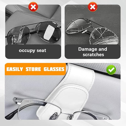 Sunglasses Holder for Car Visor, Microfiber Leather Magnetic Sun Visor Eyeglasses Hanger & Ticket Card Clip, Multi-Function Automotive Interior Glasses Mount, Universal Fit (White)