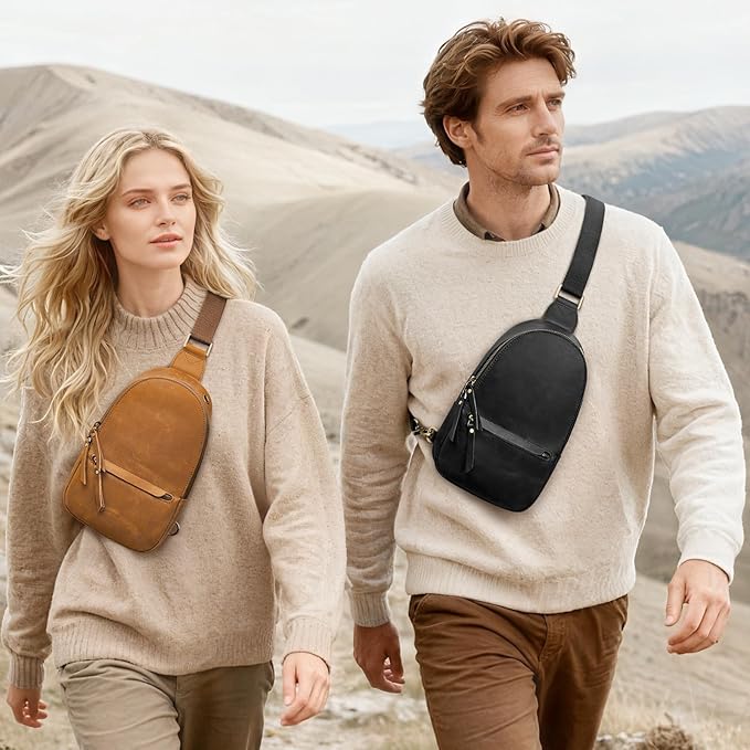 S-ZONE Leather Sling Bags for Women Men, Fanny Packs, Small Crossbody Purse Chest Bag with RFID Blocking