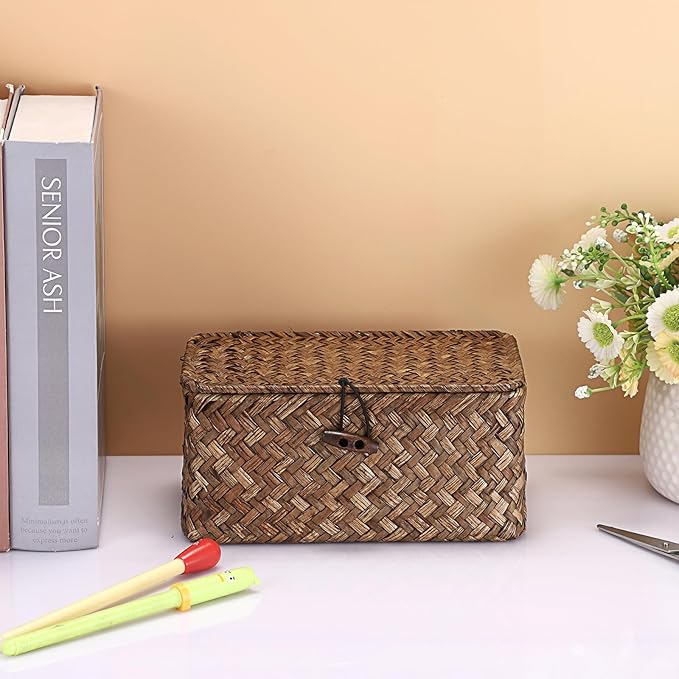 Hipiwe Handwoven Wicker Basket with Lid Desk Organizer for Remote Control Key Glass Coffee Color Seagrass Box for Decoration, 7.0"L x 4.3"W x 3.3"H