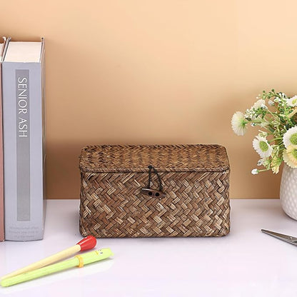 Hipiwe Handwoven Wicker Basket with Lid Desk Organizer for Remote Control Key Glass Coffee Color Seagrass Box for Decoration, 7.0"L x 4.3"W x 3.3"H