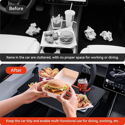 YONZEE 2-in-1 Car Steering Wheel Desk Tray & Car Seat Gap Filler Organizer – Foldable Carbon Fiber Look Table for Laptop, Eating, Writing – for Standard Round Steering Wheels