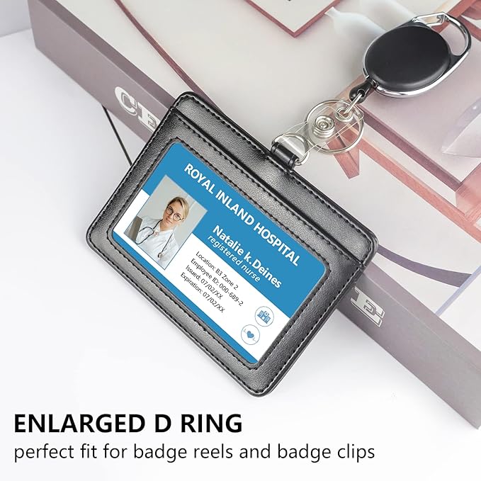 Teskyer Badge Holder with Lanyard, Leather ID Name Badge Card Holder with Lanyard for ID Badges, Horizontal Black