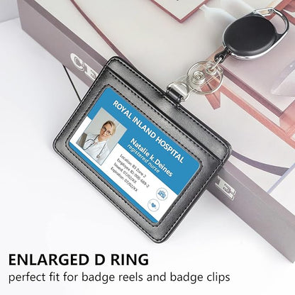 Teskyer Badge Holder with Lanyard, Leather ID Name Badge Card Holder with Lanyard for ID Badges, Horizontal Black