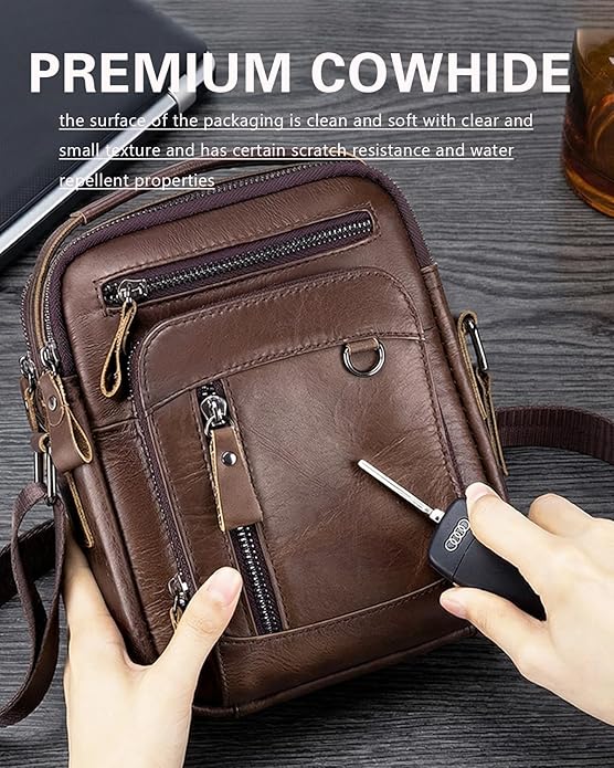 Men's Vinatge Leather Crossbody:Compact with Organized Pockets,Stylish & Functional for Everyday Carry