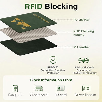 Passport Holder for Travel Women Men - Passport Cover Wallet with Airtag Slot - RFID Blocking PU Leather Passport Holder Case with Card Holder, Pen Slot - Green
