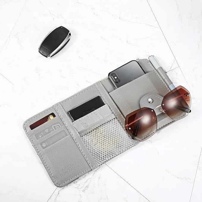 Boao 2 Packs Car Sun Visor Organizer, Sunglasses Holders for Car Sun Visor PU Auto Interior Accessories Storage Travel Document Holder with Multi Pocket (Gray, 12.2 x 6.1 Inches)
