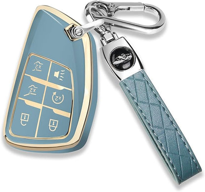 QBUC for Chevy Key Fob Cover with Keychain Soft TPU Protection Case Compatible with 2021-2026 Chevy Tahoe Suburban GMC Yukon Denali Silverado 6-Buttons(Gold Trim Blue)