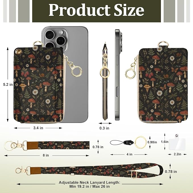Butterfly Mushroom Lanyard for Id Badge, ID Badge Holder with Neck Wristlet Lanyard, RFID Vintage PU Leather ID Case Wallet with Removable Lanyard Keychain for Teacher Nurse Work Office Gifts