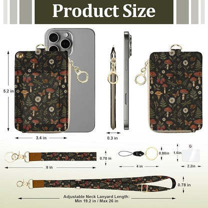 Butterfly Mushroom Lanyard for Id Badge, ID Badge Holder with Neck Wristlet Lanyard, RFID Vintage PU Leather ID Case Wallet with Removable Lanyard Keychain for Teacher Nurse Work Office Gifts