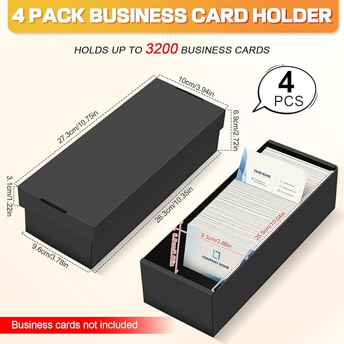 Business Card Storage Box 4 Pack, Business Card Holder Case with Lids, Holds 3200 Cards Total, 3-Layer Corrugated Desk Business Card Organizer, Black Card Index Photo & Office Supplies Storage