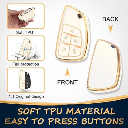 QBUC for Chevy Key Fob Cover with Keychain Soft TPU Protection Case Compatible with 2021-2026 Chevy Equinox Blazer Tahoe Suburban GMC Yukon Denali Silverado 5-Buttons(Gold Trim White)