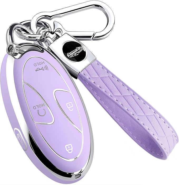 5 Buttons Compatible with Hyundai Key Fob Cover Accessories, Fits for Elanrtra Sonata Ioniq Santa Fe Santa Cruz KONA Tucson, Soft TPU Key Case with Leather Keychain (Purple)